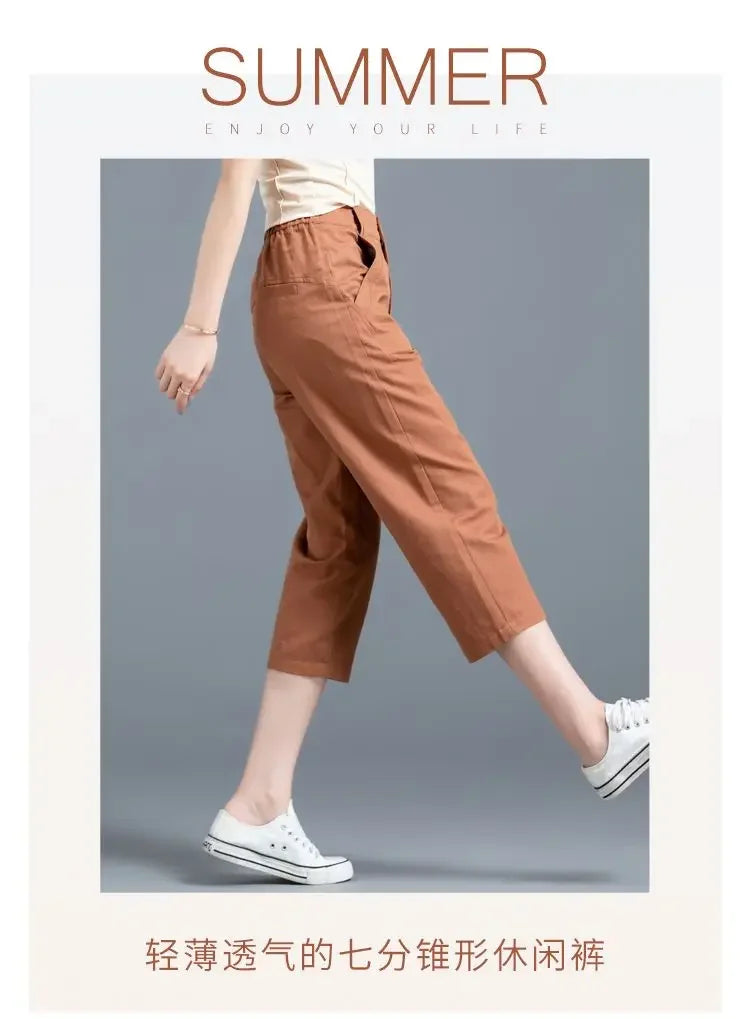 Women Clothing New Summer Simple Casual Cotton Linen Haren Capri Pants Female Solid High Waist Loose Cropped Trousers Pantalones