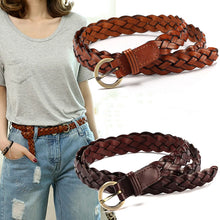 Load image into Gallery viewer, Women Leather Belt Waist Bands with Round Gold Buckle Braided Dress Belt Casual Thin Belt For Student Ladies Clothes Accessories