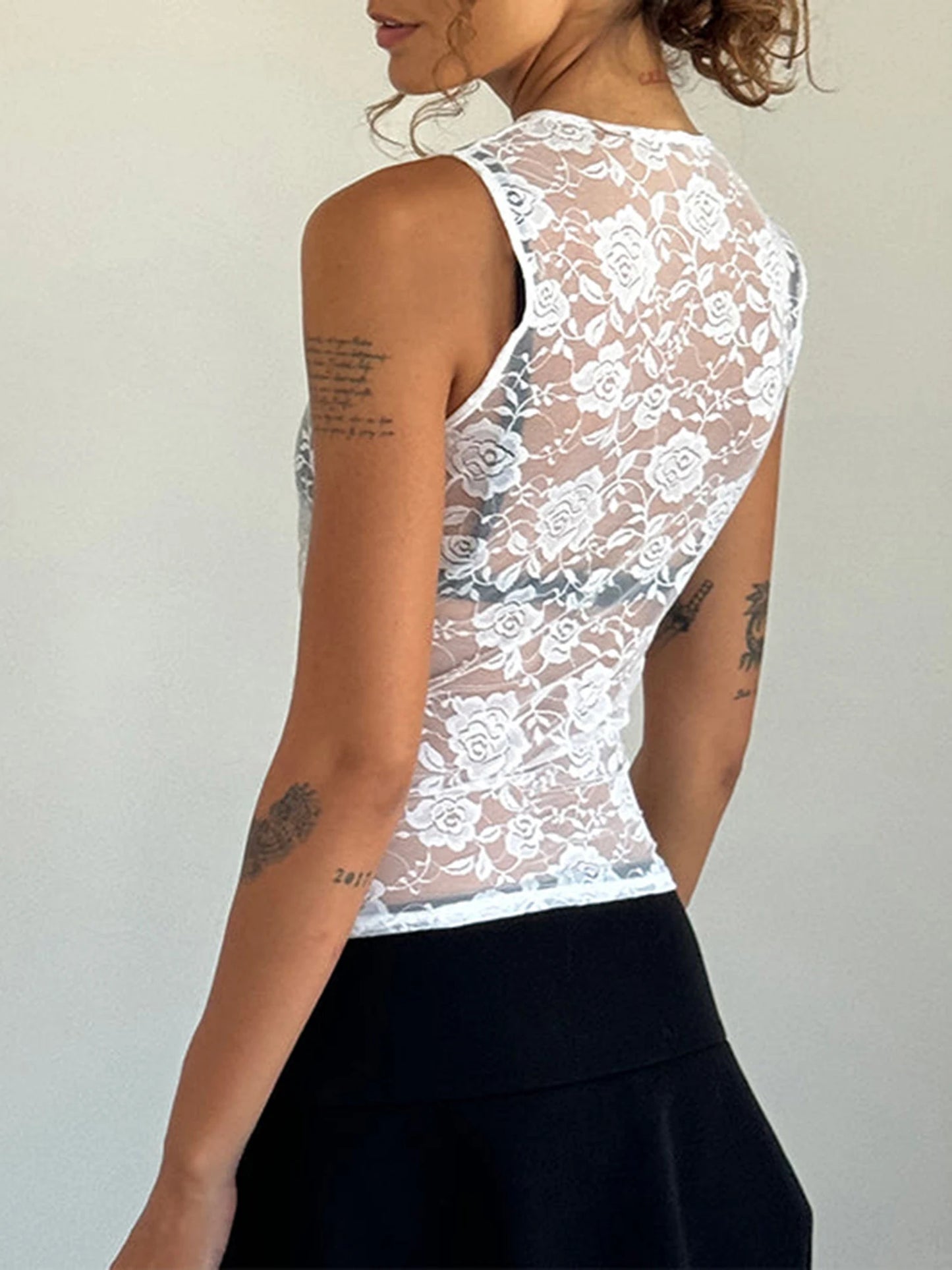 Women Tank Tops Lace Mesh See-Through Casual Vests Summer Sleeveless Tops Streetwear