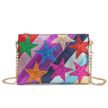 Load image into Gallery viewer, Women's Metallic PU Leather Square Clutch Funky Stars Applique Colorful Stripes Metal Chain Shoulder Handbag Party Dating Gift