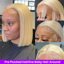 Load image into Gallery viewer, Honey Blonde Straight Human Hair Short Wig Preplucked 5x5 Transparent Lace Frontal Wig Short Cut 613 Straight Bob Colored Wigs