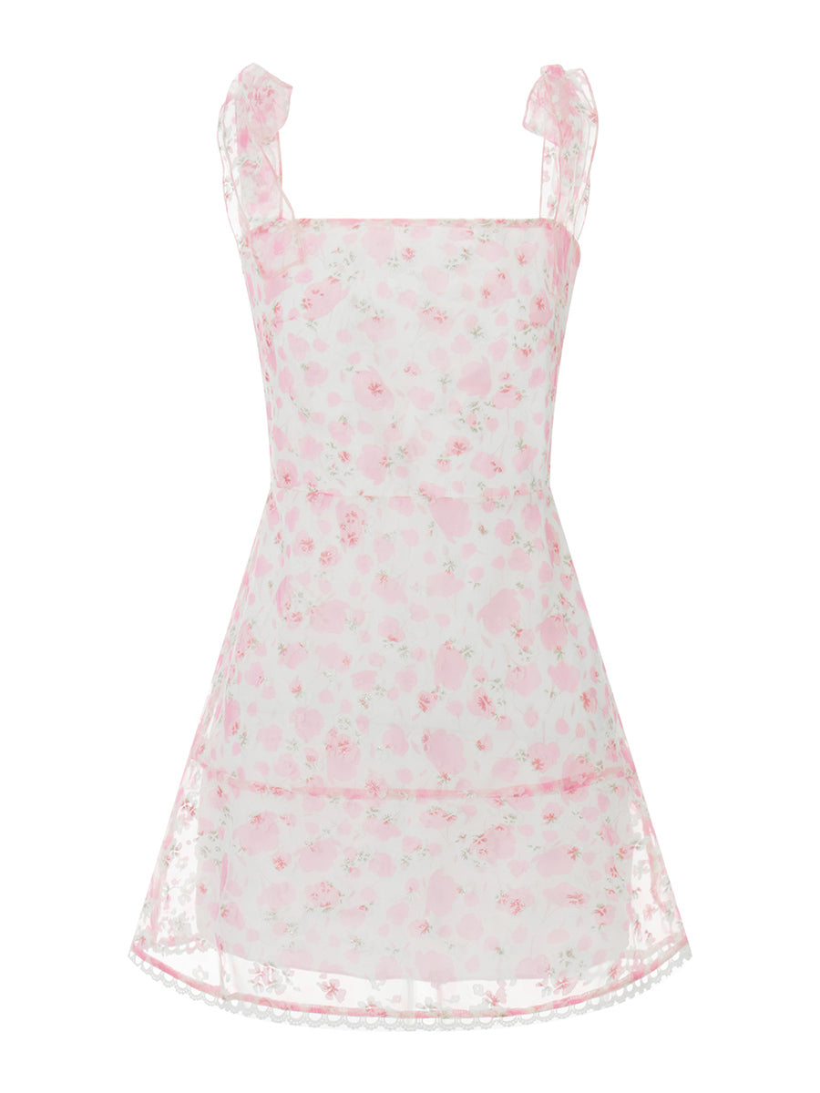 Women Summer Casual Dress Floral Print Tie-Up Shoulder Strap Mini Dress Fashion Double Layer Backless Cami Dress