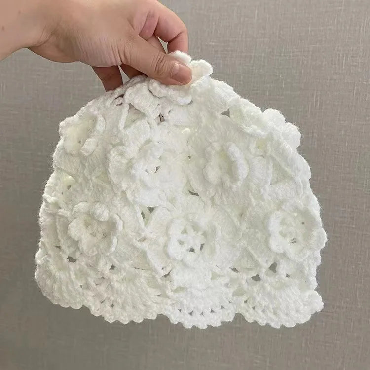 Women's Retro Literary Knitted Hat Spring and Autumn Thin Hollow Woolen Hat Handmade Woven Hat Fashion Hats for Women Lady Cap