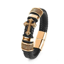 Load image into Gallery viewer, Men's Fashion Classic Black Woven Leather Inlaid Cross Magnetic Hidden Safety Buckle Business Casual Gift Bracelet