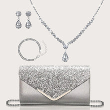 Load image into Gallery viewer, Gorgeous and elegant sparkly women's clutch bag, paired with a gorgeous rhinestone necklace, earrings and bracelet set of four.