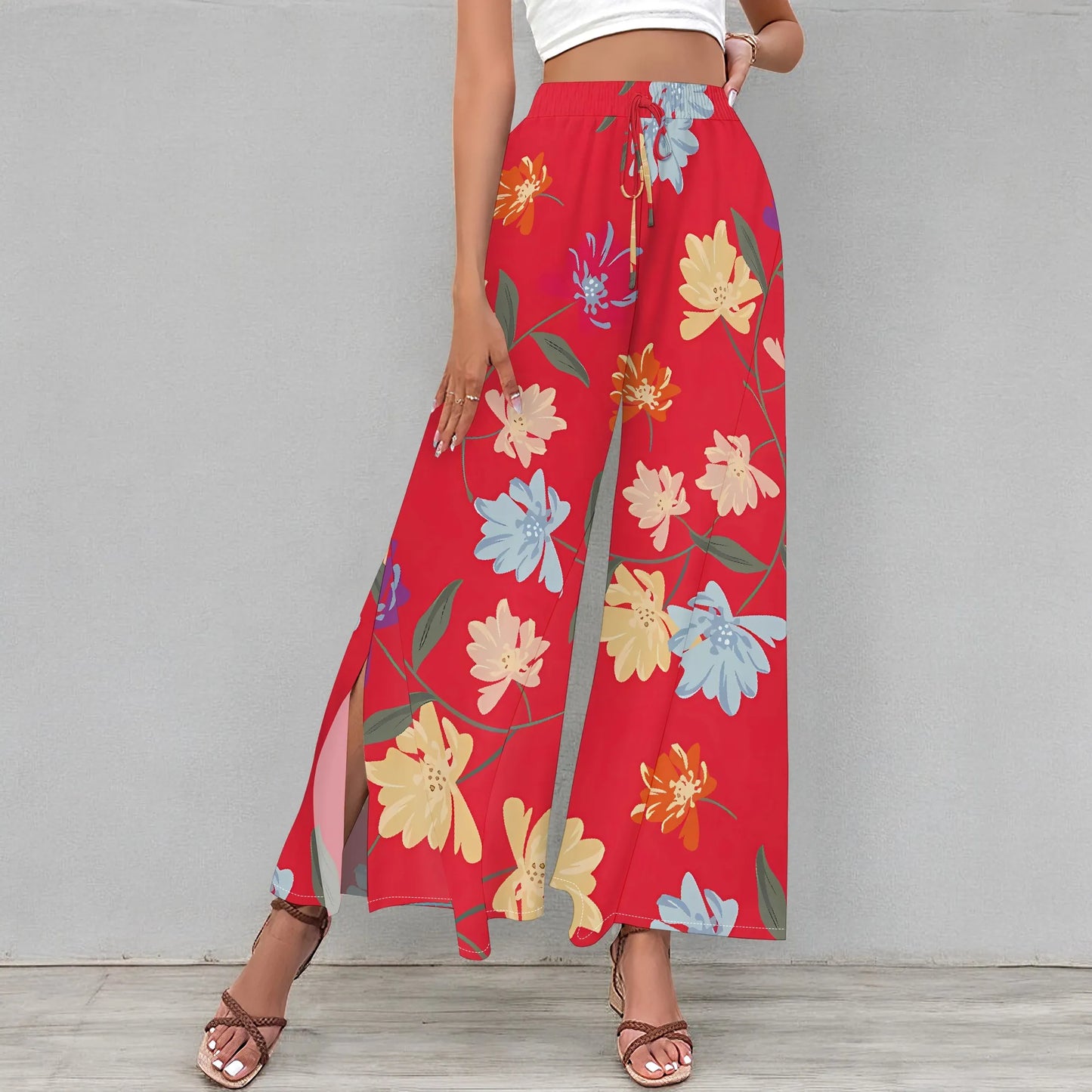 Women's clothing 2025 spring/summer new item custom casual slim fit floral mid waist fashionable wide leg pants beach pants low