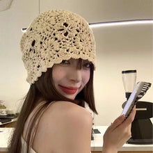 Load image into Gallery viewer, Women's Retro Literary Knitted Hat Spring and Autumn Thin Hollow Woolen Hat Handmade Woven Hat Fashion Hats for Women Lady Cap