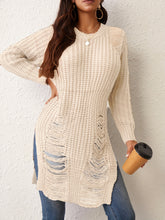 Load image into Gallery viewer, Solid Crew Neck Ripped Split Pullover Sweater - Soft Micro Elastic Acrylic Knit Fabric, Sexy Long Sleeve Design, Hand Washable, Perfect for Fall & Winter Seasons - Womens Clothing
