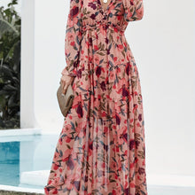 Load image into Gallery viewer, Romantic Floral Print Maxi Dress - Flowy Pleats & Modest V-Neck - Versatile Long Sleeves for Vacation Style - Womens Clothing