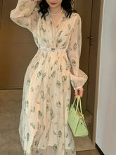 Load image into Gallery viewer, V-Neck Floral Print Chiffon Dress - Slim Waist, Long Sleeve, Elegant & Flowy - Fashion-Forward Womens Clothing for Any Season