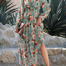 Load image into Gallery viewer, Romantic Floral Print Maxi Dress - Flowy Pleats & Modest V-Neck - Versatile Long Sleeves for Vacation Style - Womens Clothing