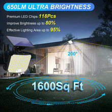 Load image into Gallery viewer, 118 LED Solar Motion Sensor Floodlight with Remote Control - Outdoor Security Lighting for Patio, Garage, Porch, Yard - 16.5ft Cable,, 1800mAh Battery, Wall-Mounted Design, Yard Floodlight | Sleek Rectangular Design | LED Arr