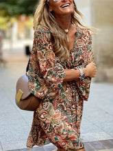 Load image into Gallery viewer, Chic Paisley Print Drawstring Dress - Alluring Surplice Neckline & Adjustable Long Sleeves - Figure-Flattering Womens Clothing for Versatile Style