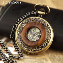 Load image into Gallery viewer, Solid Wood Accent Mechanical Pocket Watch FOB Chain Locket Dial Hollow Steampunk Men Women Clock Watches Box Package