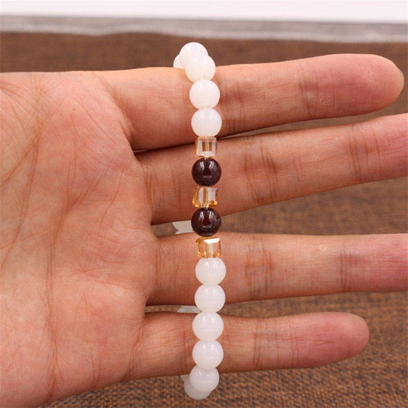 Top Natural White Chalcedony Garnet Bracelets & Bangle For Women Jewelry Buddha Elastic Yoga Stone Bead Bracelet