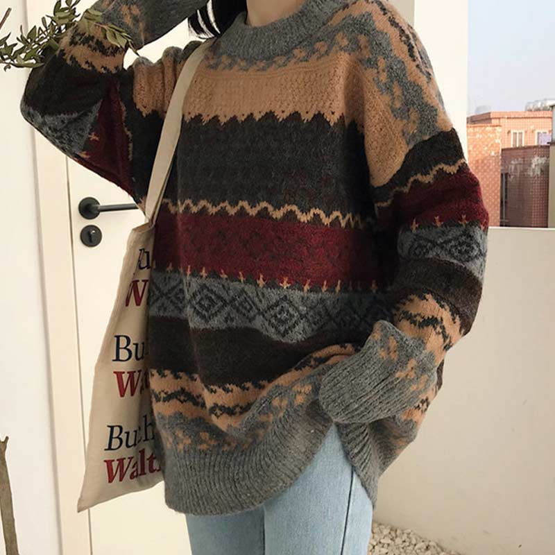 Vintage Look Sweaters Women Pullover Winter Striped Jumpers Todays Style Loose Pullover Knitwear Casual Loose Sweater Pull Femme
