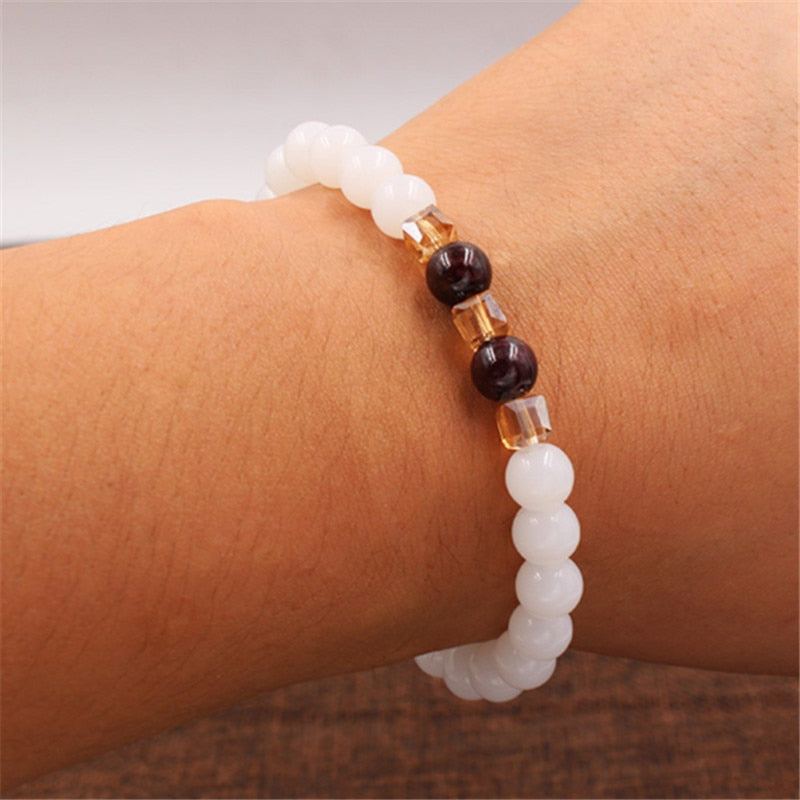 Top Natural White Chalcedony Garnet Bracelets & Bangle For Women Jewelry Buddha Elastic Yoga Stone Bead Bracelet