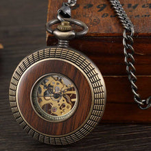 Load image into Gallery viewer, Solid Wood Accent Mechanical Pocket Watch FOB Chain Locket Dial Hollow Steampunk Men Women Clock Watches Box Package