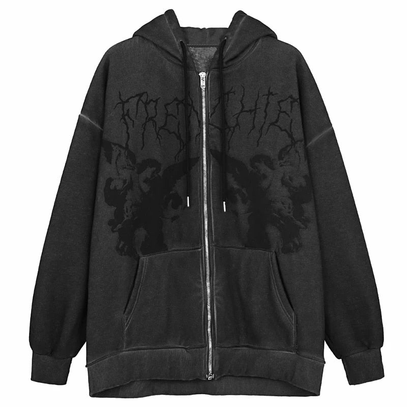 Vintage Angel Print Oversized Hoodies Zip Up Long Sleeve Sweatshirt Aesthetic Autumn Gothic Grunge Streetwear