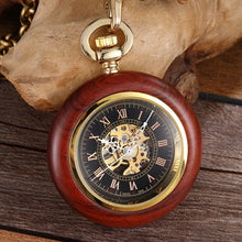 Load image into Gallery viewer, Solid Wood Accent Mechanical Pocket Watch FOB Chain Locket Dial Hollow Steampunk Men Women Clock Watches Box Package