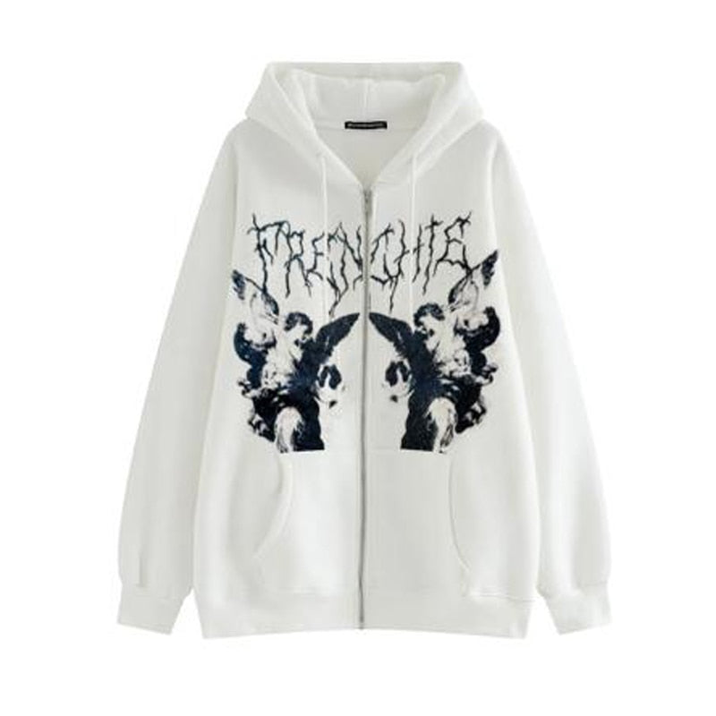 Vintage Angel Print Oversized Hoodies Zip Up Long Sleeve Sweatshirt Aesthetic Autumn Gothic Grunge Streetwear