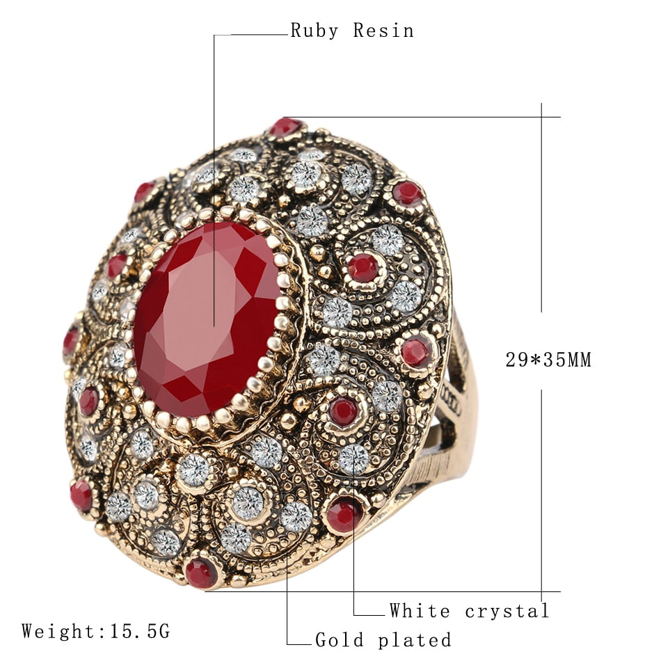 Vintage Indian Style Jewelry Boho Big Red Stone Ring Luxury Crystal Antique Look Gold Plated Diamond Wedding Rings For Women