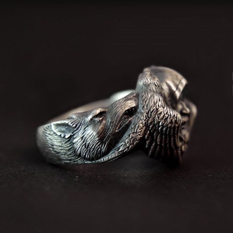 Mens Viking Norse Mythology Odin Raven Wolf Ring Stainless Steel Scandinavian Amulet Ring Mens Jewelry