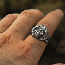 Load image into Gallery viewer, Mens Viking Norse Mythology Odin Raven Wolf Ring Stainless Steel Scandinavian Amulet Ring Mens Jewelry