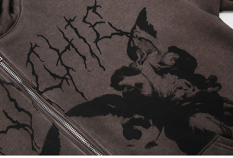 Vintage Angel Print Oversized Hoodies Zip Up Long Sleeve Sweatshirt Aesthetic Autumn Gothic Grunge Streetwear