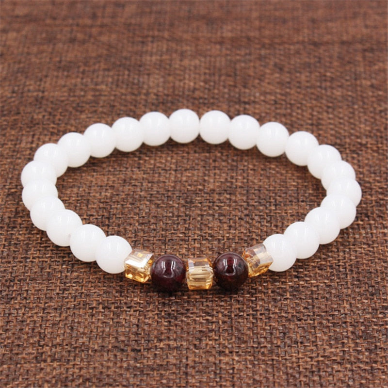 Top Natural White Chalcedony Garnet Bracelets & Bangle For Women Jewelry Buddha Elastic Yoga Stone Bead Bracelet