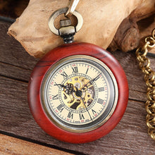 Load image into Gallery viewer, Solid Wood Accent Mechanical Pocket Watch FOB Chain Locket Dial Hollow Steampunk Men Women Clock Watches Box Package