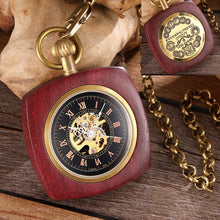 Load image into Gallery viewer, Solid Wood Accent Mechanical Pocket Watch FOB Chain Locket Dial Hollow Steampunk Men Women Clock Watches Box Package