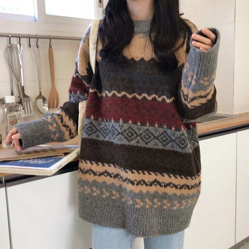 Vintage Look Sweaters Women Pullover Winter Striped Jumpers Todays Style Loose Pullover Knitwear Casual Loose Sweater Pull Femme