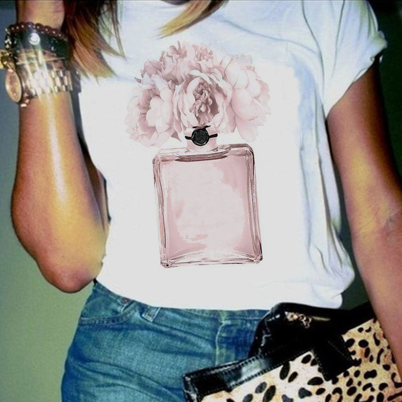 Women Clothes Summer Short Sleeve Fashion Perfume Flower Woman Female T-shirt Leisure Vogue Thin Section Printed Tshirt Top