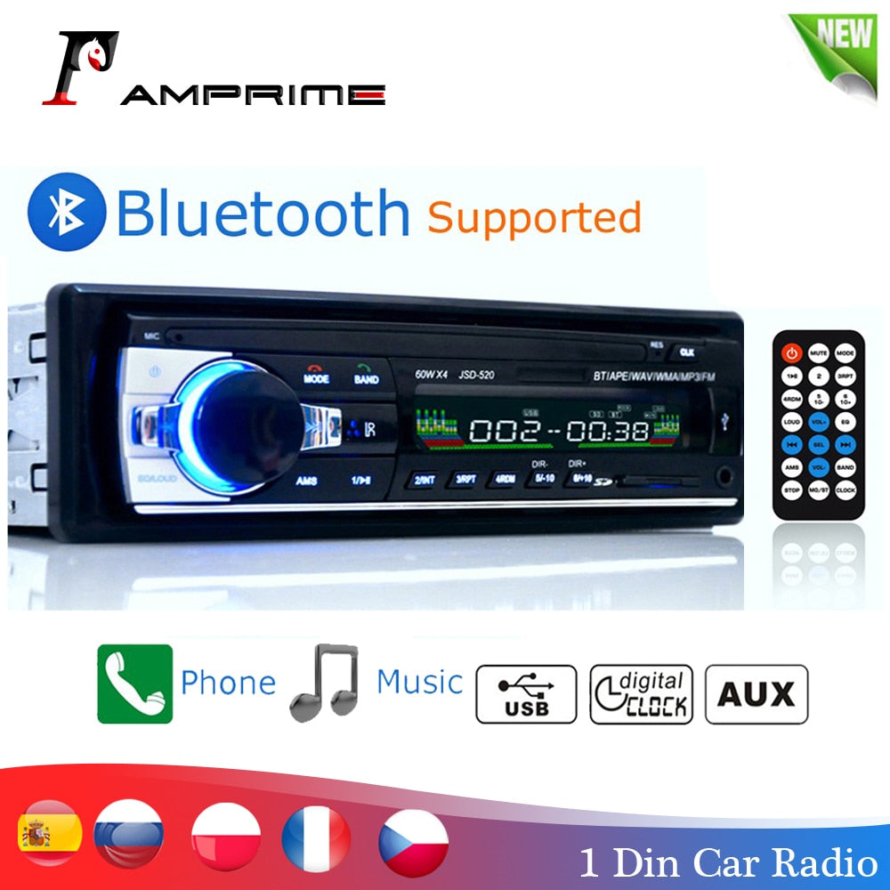 AMPrime Bluetooth Autoradio Car Stereo Radio FM Aux Input Receiver SD USB JSD-520 12V In-dash 1 din Car MP3 Multimedia Player