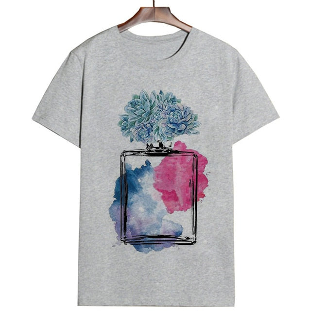 Women Clothes Summer Short Sleeve Fashion Perfume Flower Woman Female T-shirt Leisure Vogue Thin Section Printed Tshirt Top