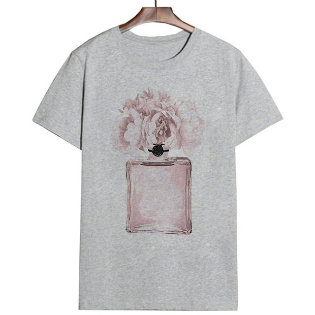 Women Clothes Summer Short Sleeve Fashion Perfume Flower Woman Female T-shirt Leisure Vogue Thin Section Printed Tshirt Top