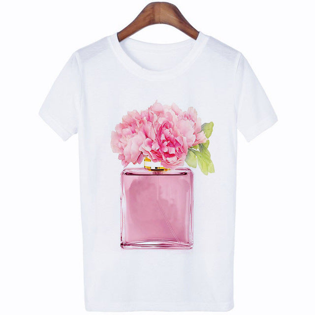 Women Clothes Summer Short Sleeve Fashion Perfume Flower Woman Female T-shirt Leisure Vogue Thin Section Printed Tshirt Top