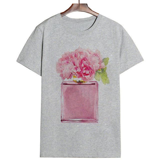 Women Clothes Summer Short Sleeve Fashion Perfume Flower Woman Female T-shirt Leisure Vogue Thin Section Printed Tshirt Top