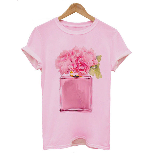 Women Clothes Summer Short Sleeve Fashion Perfume Flower Woman Female T-shirt Leisure Vogue Thin Section Printed Tshirt Top
