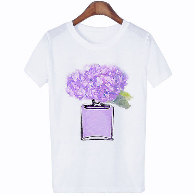 Women Clothes Summer Short Sleeve Fashion Perfume Flower Woman Female T-shirt Leisure Vogue Thin Section Printed Tshirt Top