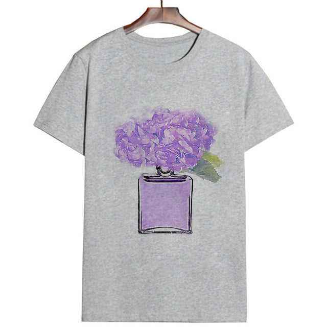 Women Clothes Summer Short Sleeve Fashion Perfume Flower Woman Female T-shirt Leisure Vogue Thin Section Printed Tshirt Top