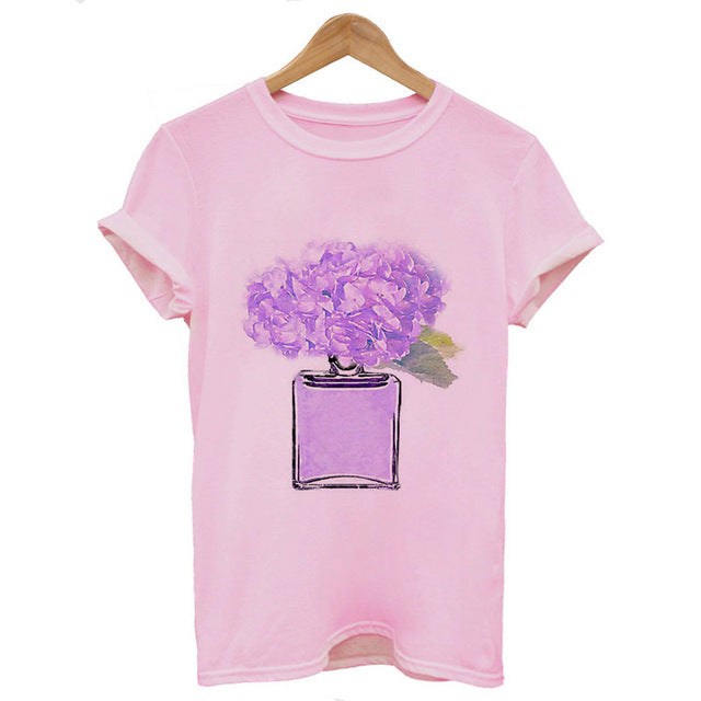 Women Clothes Summer Short Sleeve Fashion Perfume Flower Woman Female T-shirt Leisure Vogue Thin Section Printed Tshirt Top