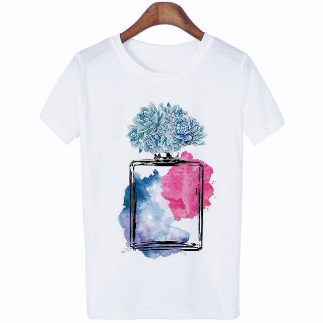 Women Clothes Summer Short Sleeve Fashion Perfume Flower Woman Female T-shirt Leisure Vogue Thin Section Printed Tshirt Top