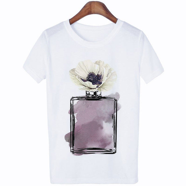 Women Clothes Summer Short Sleeve Fashion Perfume Flower Woman Female T-shirt Leisure Vogue Thin Section Printed Tshirt Top