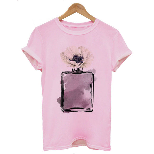Women Clothes Summer Short Sleeve Fashion Perfume Flower Woman Female T-shirt Leisure Vogue Thin Section Printed Tshirt Top