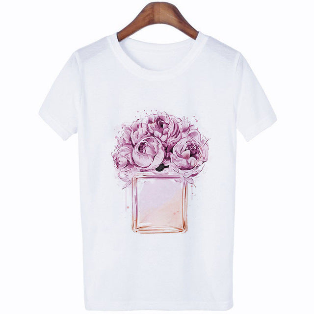 Women Clothes Summer Short Sleeve Fashion Perfume Flower Woman Female T-shirt Leisure Vogue Thin Section Printed Tshirt Top