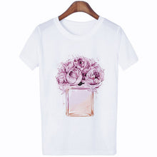 Load image into Gallery viewer, Women Clothes Summer Short Sleeve Fashion Perfume Flower Woman Female T-shirt Leisure Vogue Thin Section Printed Tshirt Top