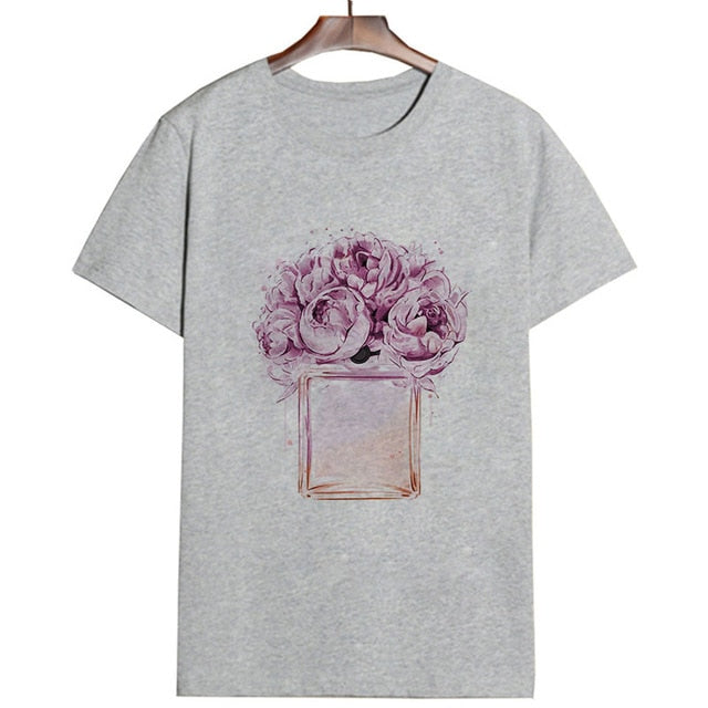 Women Clothes Summer Short Sleeve Fashion Perfume Flower Woman Female T-shirt Leisure Vogue Thin Section Printed Tshirt Top