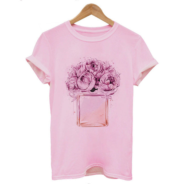 Women Clothes Summer Short Sleeve Fashion Perfume Flower Woman Female T-shirt Leisure Vogue Thin Section Printed Tshirt Top
